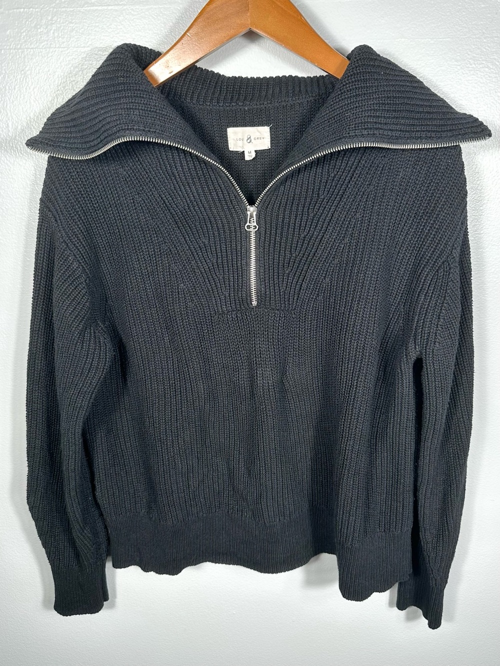 Lou & Grey Black Half-Zip Ribbed Sweater Size Medium Chunky Knit Long Sleeve